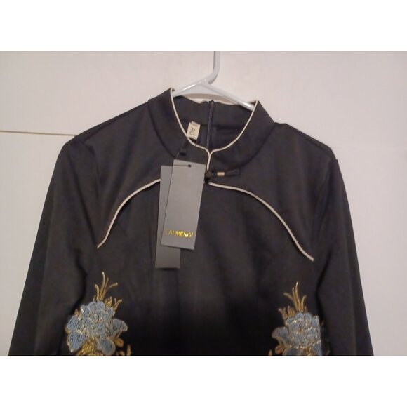 Lai Meng Five Cats Womens Swing Midi Dress Black Embroidered Floral - Picture 3 of 6